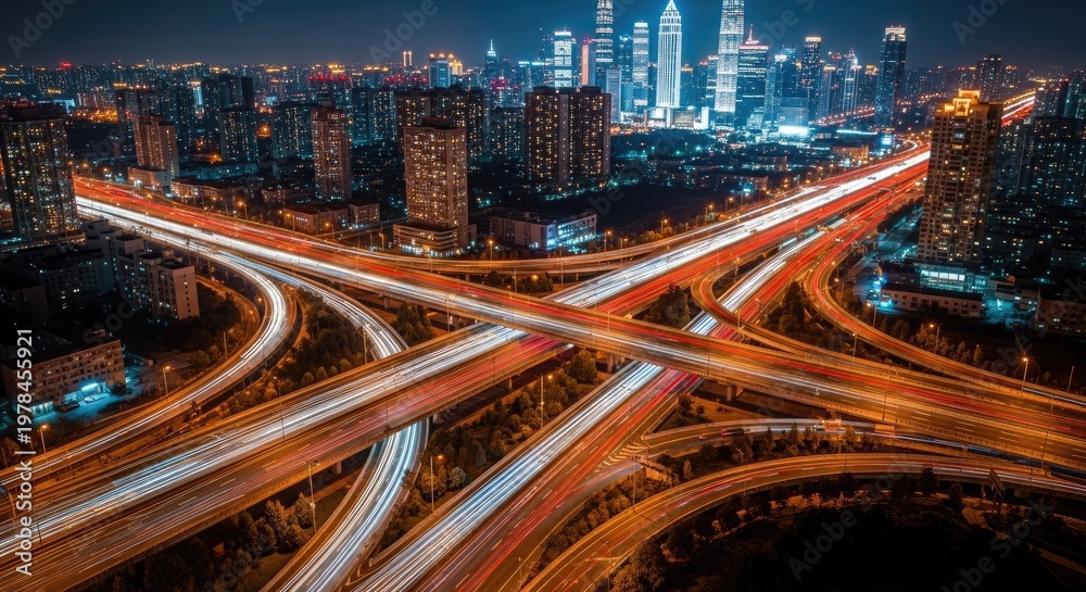 Obraz premium Nighttime cityscape with illuminated roads and buildings transportation concept