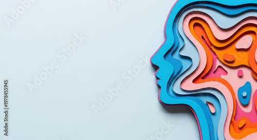Creative paper cutout of a human face in vibrant colors symbolizing emotions and thoughts with copy space for text, suitable for International Intellectual Property Day poster.
