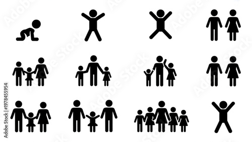 Collection of diverse family and couple icons with various activities and poses Vector