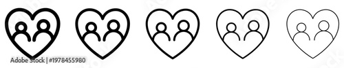 Set of linear icons of people inside a heart with different stroke weights. Minimalist symbols of love, family, and support. Vector illustration.