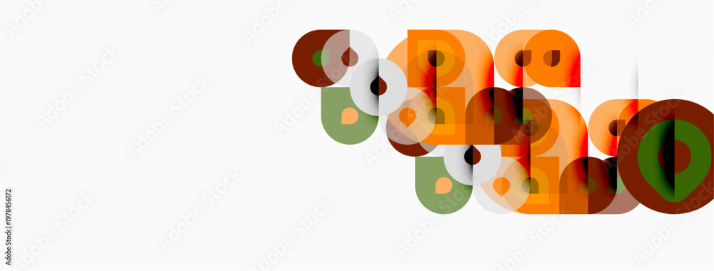 Fototapeta premium Abstract shapes overlap, creating playful composition. Warm colors dominate, with green accents. Minimalist design on white background.