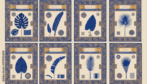 Artistic Tropical Leaf Collection in Blue and Beige Risograph Style