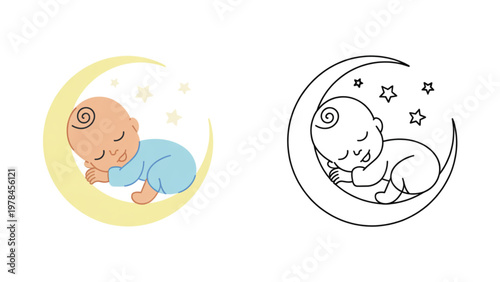 Baby sleeping peacefully during a full moon and daytime phases Vector