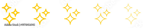Set of yellow linear sparkling stars icons with different stroke weights. Minimalist symbols of cleanliness, magic, and shine. Vector illustration.
