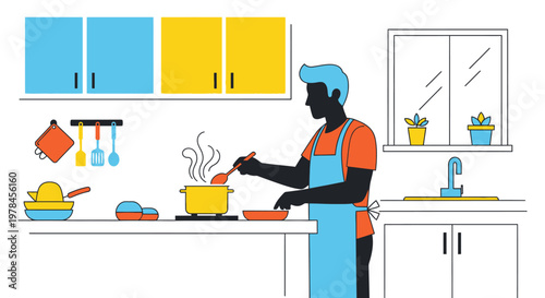 Man wearing apron cooking in kitchen.