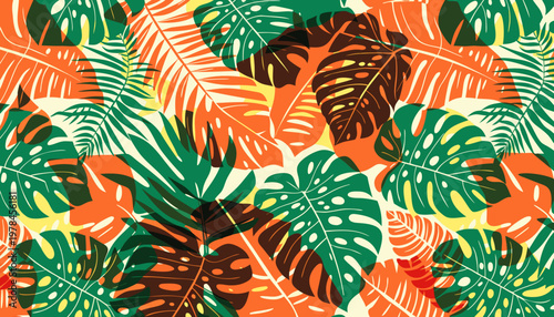 Vibrant seamless pattern featuring diverse tropical leaves and lush foliage in a stylized artistic composition, creating an exotic decorative background