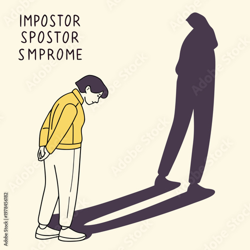 Person with a large shadow labeled 'imposter syndrome' feeling inadequate mental health self doubt low self esteem insecurity psychology worthless illustration struggle challenge internal