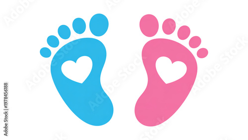 Two baby feet prints with heart shapes in blue and pink Vector