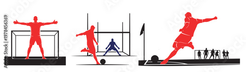 Soccer Player Action Silhouette Set with Goalkeeper and Goal Post Illustration