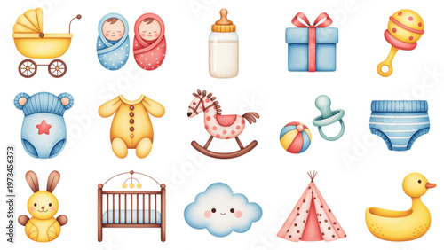 A collection of colorful cartoon-style children's outdoor play items and toys Vector