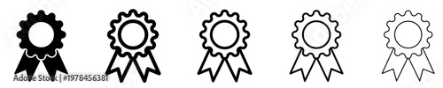 Set of linear award badge icons with different stroke weights and one solid version. Minimalist symbols of quality, victory, and recognition in a modern style. Vector illustration.