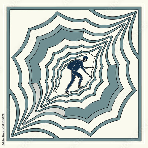 Person in dark silhouette navigating a complex spiraling tunnel way out optical illusion silhouette traveler adventurer labyrinth challenging difficult destination exploration perspective