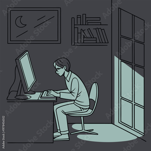 Student working late at night on computer in dimly lit room with bookshelves and a window with moonlight are visible dark room remote work home office computer homework learning education