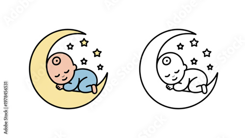 Two cartoon babies peacefully sleeping inside crescent moon cradles under stars Vector