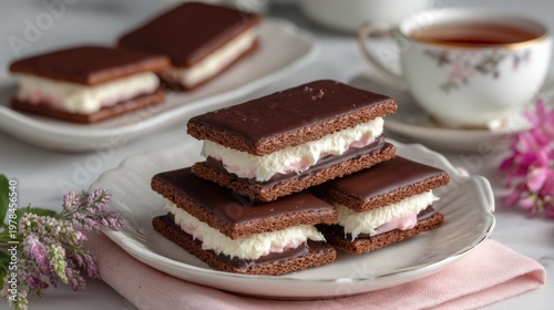 Delicious Chocolate Layered Desserts with Tea and Flowers on Table