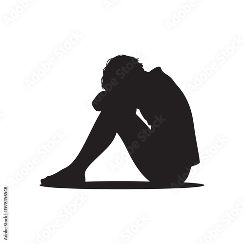 Person Silhouetted Sitting with Knees Hugged and Head Down in Sadness on White Background lonely