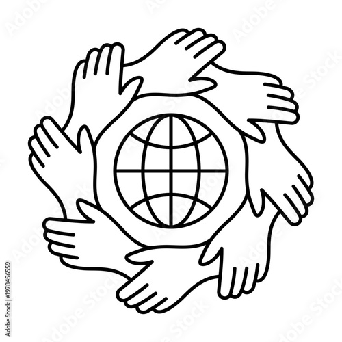 Linear icon of hands holding in a circle around the globe. Minimalist symbol of global unity, cooperation, peace, and international support. Vector illustration.
