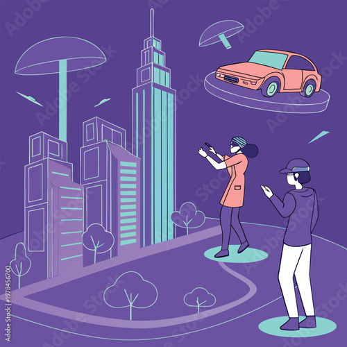 Futuristic cityscape with people using augmented reality and flying cars cityscape technology virtual reality futuristic innovation metropolis transportation buildings architecture metaverse