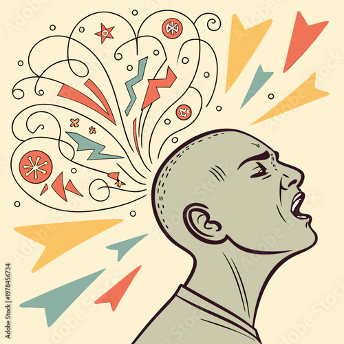 Distressed man screaming with chaotic thoughts and ideas erupting from head mental health overwhelmed screaming thoughts emotions outburst explosion frustration illustration pressure