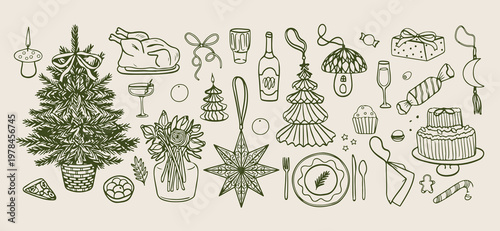 Hand drawn winter holiday christmas elements, minimalist festive decoration and tree sketches, decorative xmas star and ornament doodles, seasonal greeting card design icons, minimalist winter celebra