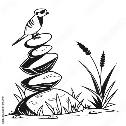 Bird perched on stacked balancing stones with tall grass meditation wildlife serenity illustration outdoors minimalist stability equilibrium contemplation mindfulness lifestyle creature