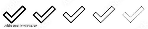 Set of linear check mark icons with different stroke weights. Minimalist symbols of confirmation, success, task completion, and selection in a modern style. Vector illustration.