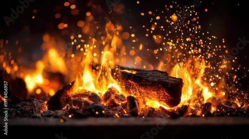 Glowing Embers and Bright Flames in Nighttime Fire Scene