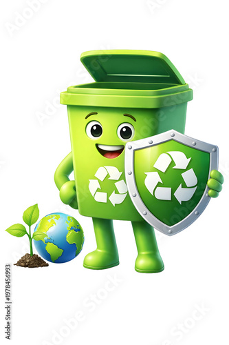 Recycling Bin Character with Earth and Shield – Eco Friendly Environmental Protection Concept Isolated on White Background