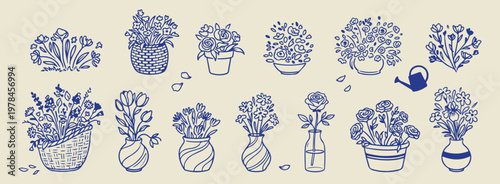 Hand drawn potted flowers garden plants, minimalist house plant and flowerpot sketches, decorative indoor garden and flora doodles, artistic landscaping and house plant icons, minimalist organic envir