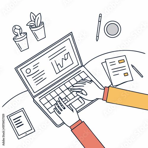 Person typing on laptop computer with plants and tablet on desk computer keyboard technology business communication education learning notebook paperwork information illustration creative