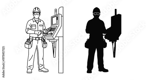 Worker operating machinery shown in detailed and silhouetted illustration high quality