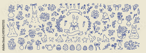 Hand drawn easter bunny spring meadow, minimalist holiday rabbit and nature doodles, decorative spring garden and animal sketches, whimsical easter celebration and flora art, minimalist woodland anima