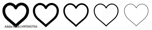 Set of linear heart icons with different stroke weights. Minimalist symbols of love, romance, health, and likes in a modern style. Vector illustration.