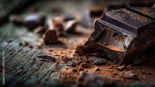 Close-Up of Broken Dark Chocolate on Rustic Wooden Table Surface