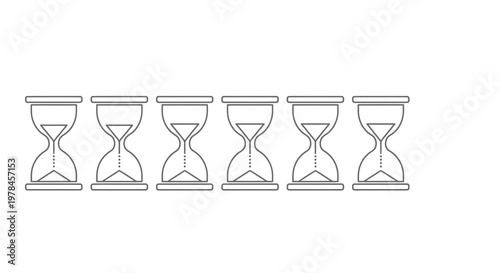A minimalist illustration depicts five hourglasses in a row showing varying levels of sand