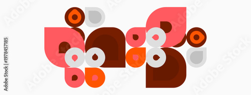 Abstract shapes, circles, brown, orange, pink hues create modern design. Minimalist composition, playful aesthetic, simple forms.