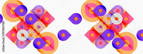 Abstract geometric pattern. Circles, squares overlap creating vibrant visual texture. Orange, purple hues dominate composition. Modern design element.