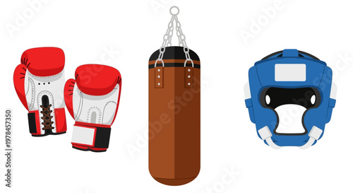 Boxing equipment illustration red gloves punching bag and protective headgear