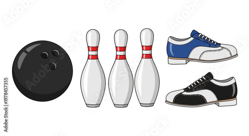 Bowling equipment illustration with ball pins and shoes isolated