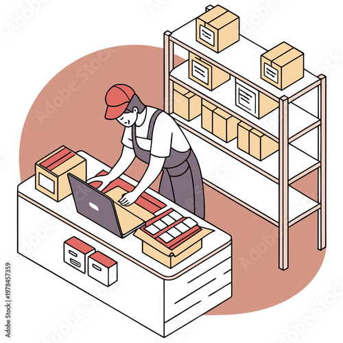 Worker packing products for shipping at a fulfillment center with laptop and shelves of packaged goods e commerce online store supply chain shipping e-commerce fulfillment logistics warehouse