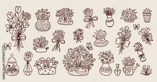 Hand drawn potted plants garden flora, minimalist outdoor nature and bush sketches, decorative home garden and shrub doodles, artistic landscaping and house plant icons, minimalist organic environment