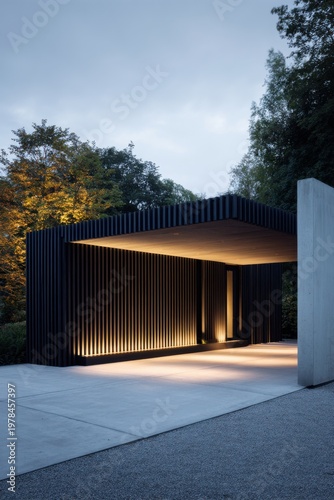 Modern structure stands in a quiet area surrounded by trees with warm light glowing at dusk showcasing a unique architectural design and creative use of materials