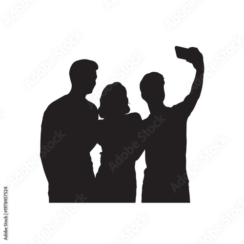 Silhouette of three friends taking a selfie together with a smartphone on a white background