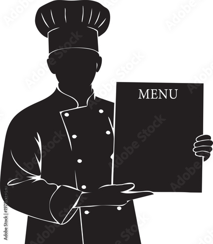 Black silhouette of a professional chef in uniform holding and presenting a menu board, ready to take orders or showcase dishes.