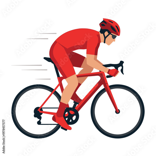 Cyclist in Red Uniform Racing on Road Bike