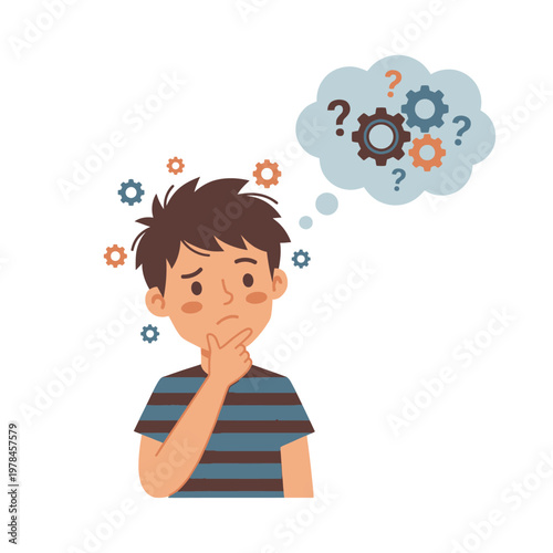 Thoughtful Cartoon Boy Thinking with Gears