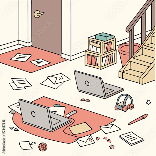 Messy home office workspace with laptops and scattered documents disorganized documents workspace interior business lifestyle deadline paperwork bookshelf staircase organization freelance