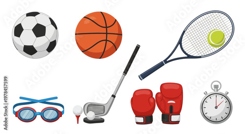 Collection of sports equipment illustrations isolated on white background