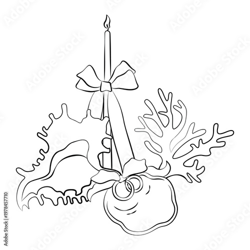 Hand-drawn wedding decor elements composition such as candle, bow, coral, rococo shell and engagement rings, for card, invitation