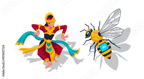 Balinese Dancer and AI Bee Illustration - Culture and Technology Concept
